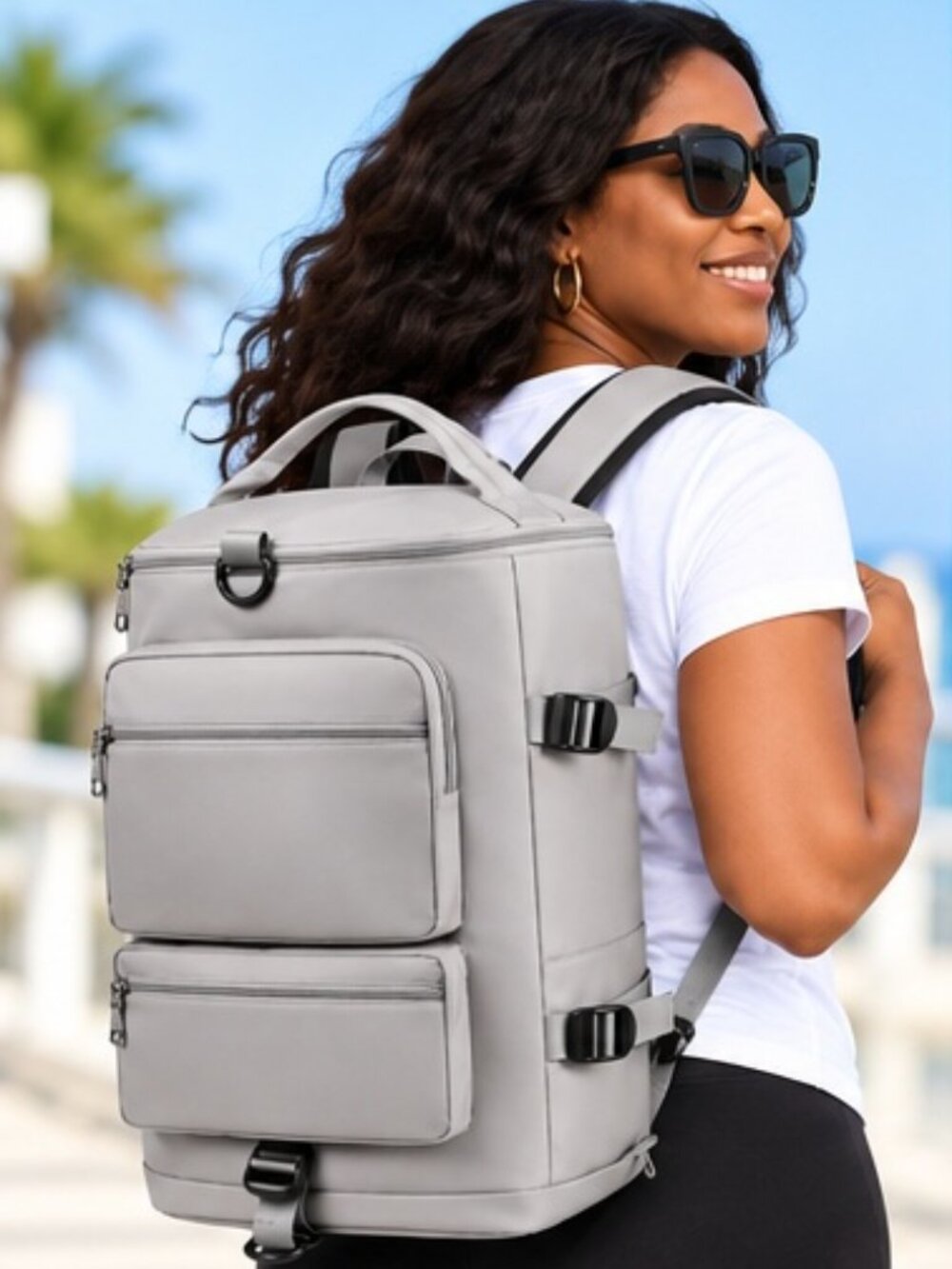 Light Gray Multi-Pocket Travel Backpack Weekender Carry-On Duffel Bag